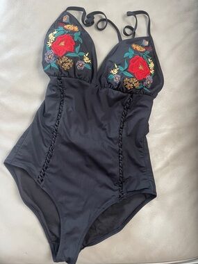 Jessica Simpson Black One-Piece Swimsuit with Red Floral Embroidery